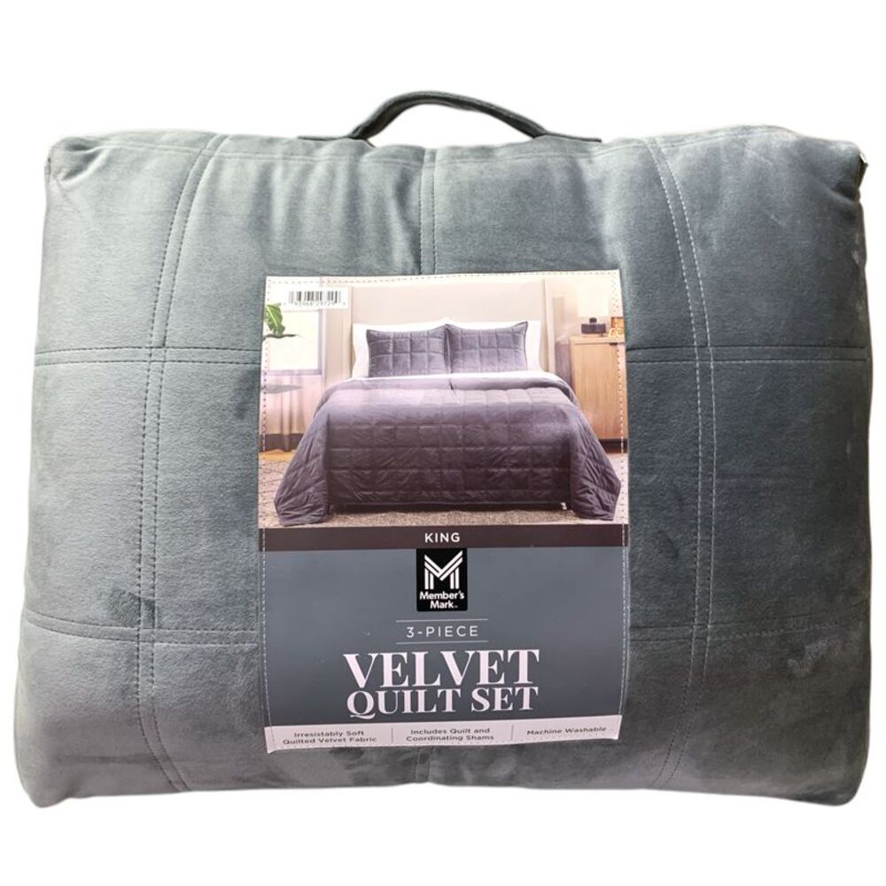 Member's Mark 3 Piece Super Soft Velvet Quilt Set (King, Grey)
